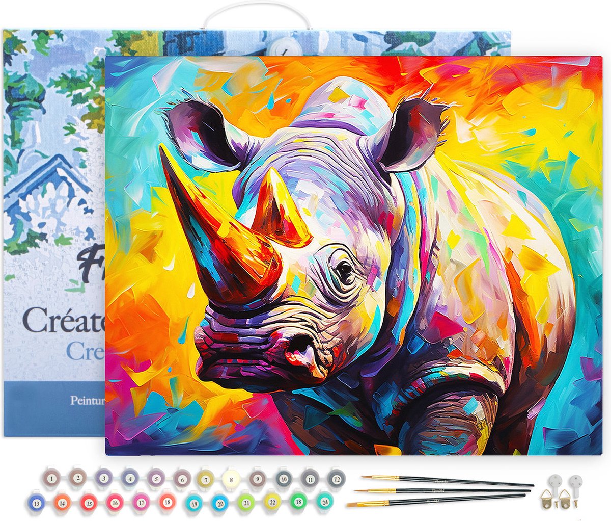 FiguredArt Schilderen op Nummer Volwassenen met lijst Kleurrijke Abstracte Neushoorn- Handwerk acrylverf Kit DIY Compleet - 40x50cm Canvas al ingelijst